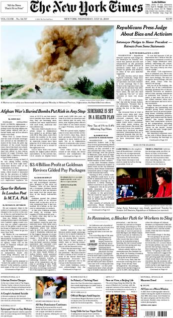 Front Page of the New York Times, July 15, 2009
